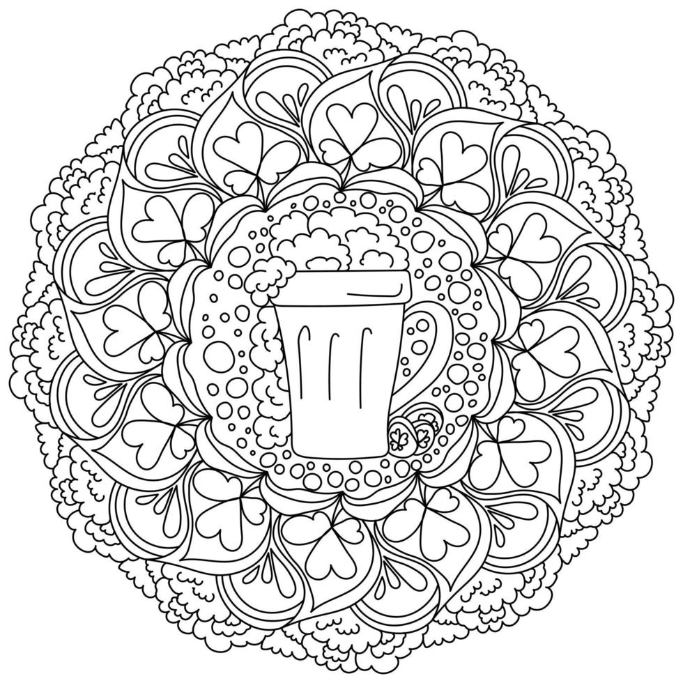 Abstract mandala for st patrick's day coloring page with a glass of foamy beer in the center and clover leaves vector