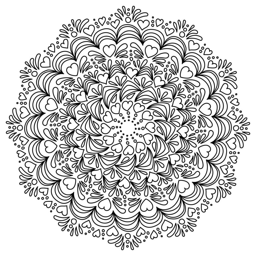 Mandala with hearts and patterns in the form of drops, antistress coloring page for Valentine's day vector