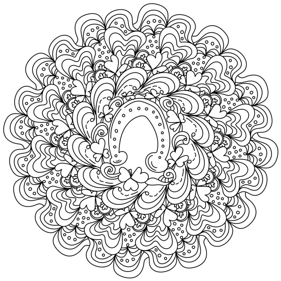 Contour mandala with a horseshoe in the center, a symbol of good luck in the coloring page for St. Patrick's Day vector