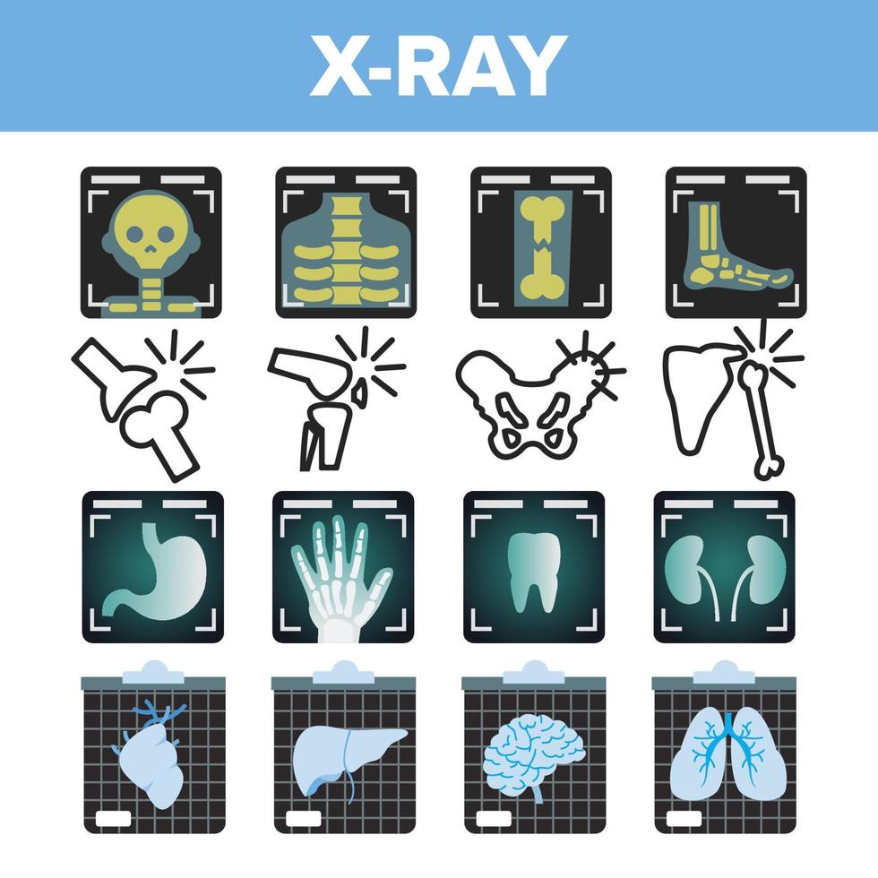 vector de conjunto de iconos de rayos x. exploración de radiología hueso humano roto. símbolo médico. estructura de fractura. diseño de medicina del hospital de salud. línea, ilustración plana