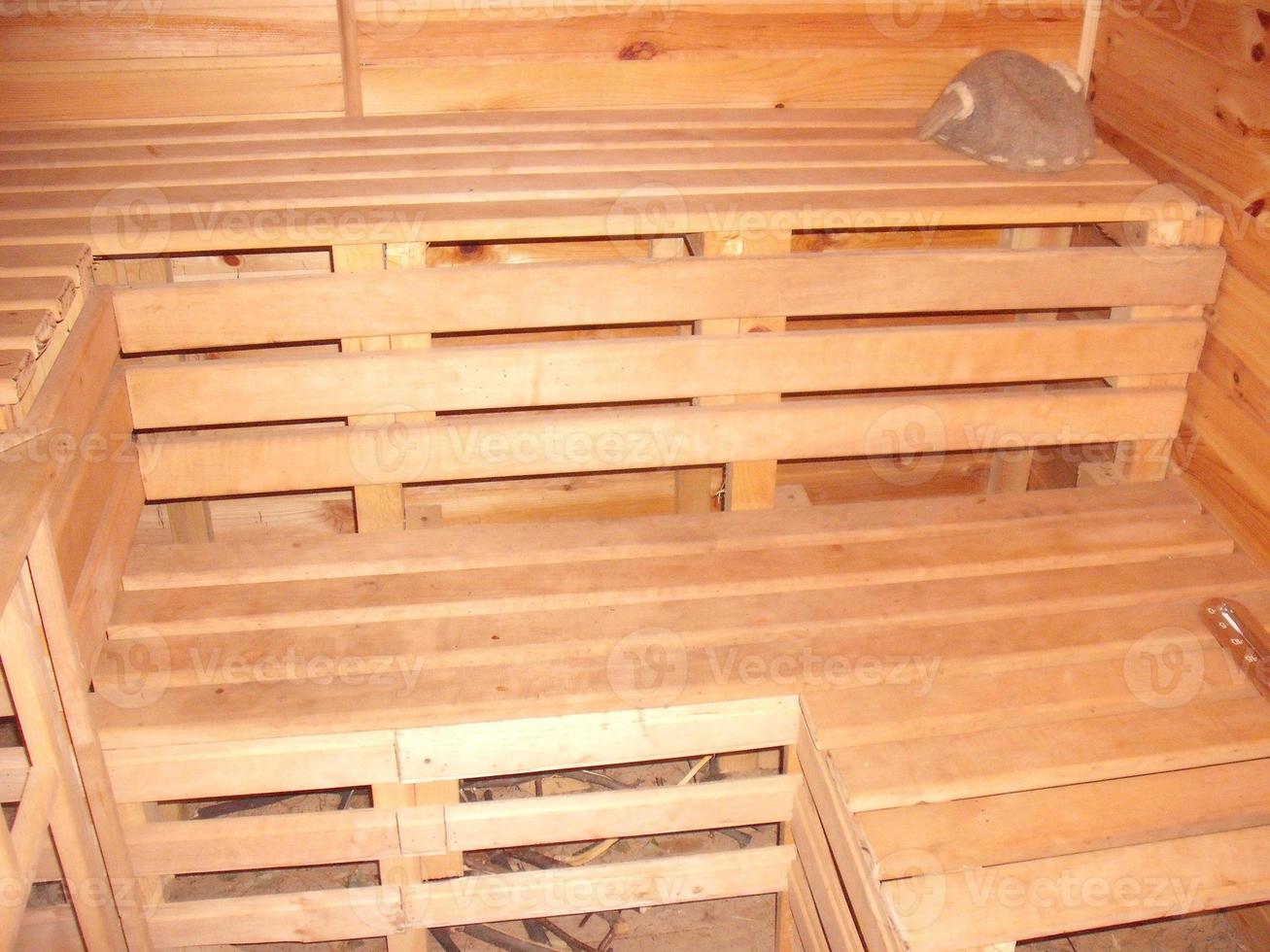 The interior of the wooden sauna photo