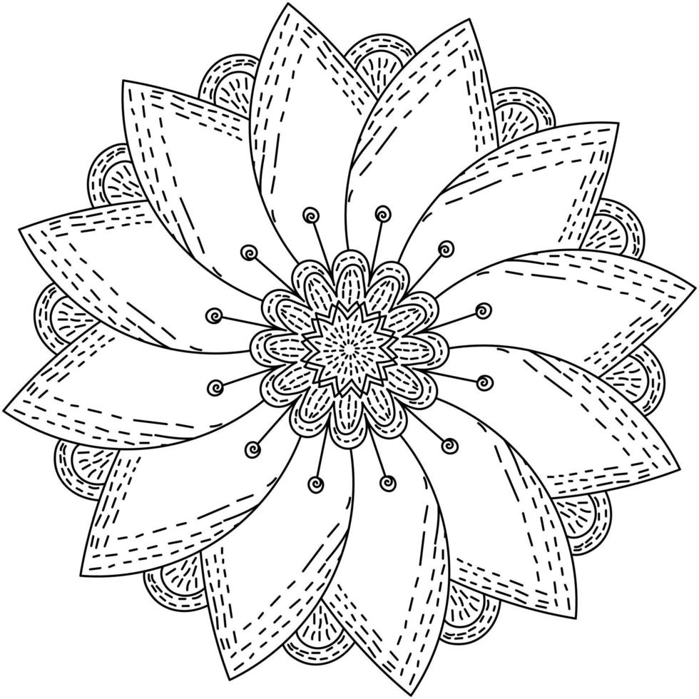 flor de mandala con un pequeño sombreado en el centro y a lo largo del borde de los pétalos, página de coloración zen para niños y adultos vector