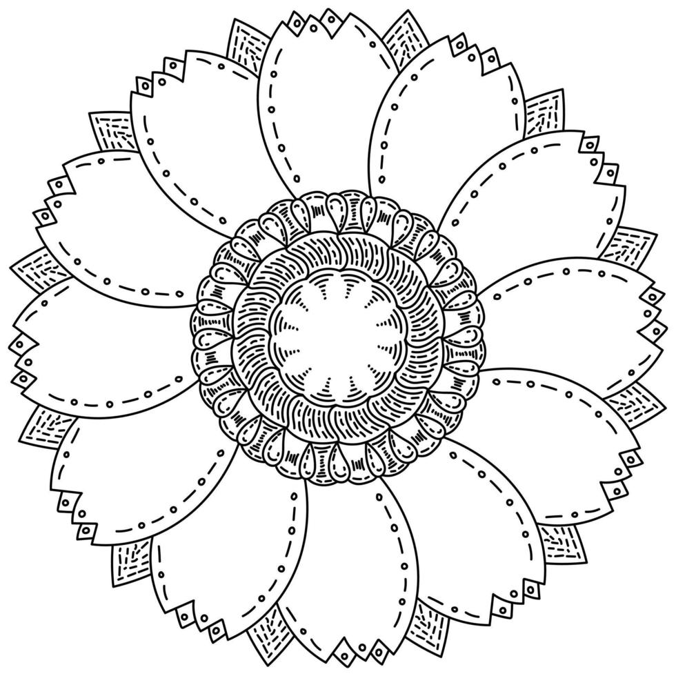 Mandala in the form of a flower with carved petals and a pattern of frequent shading, anti stress coloring plant page vector