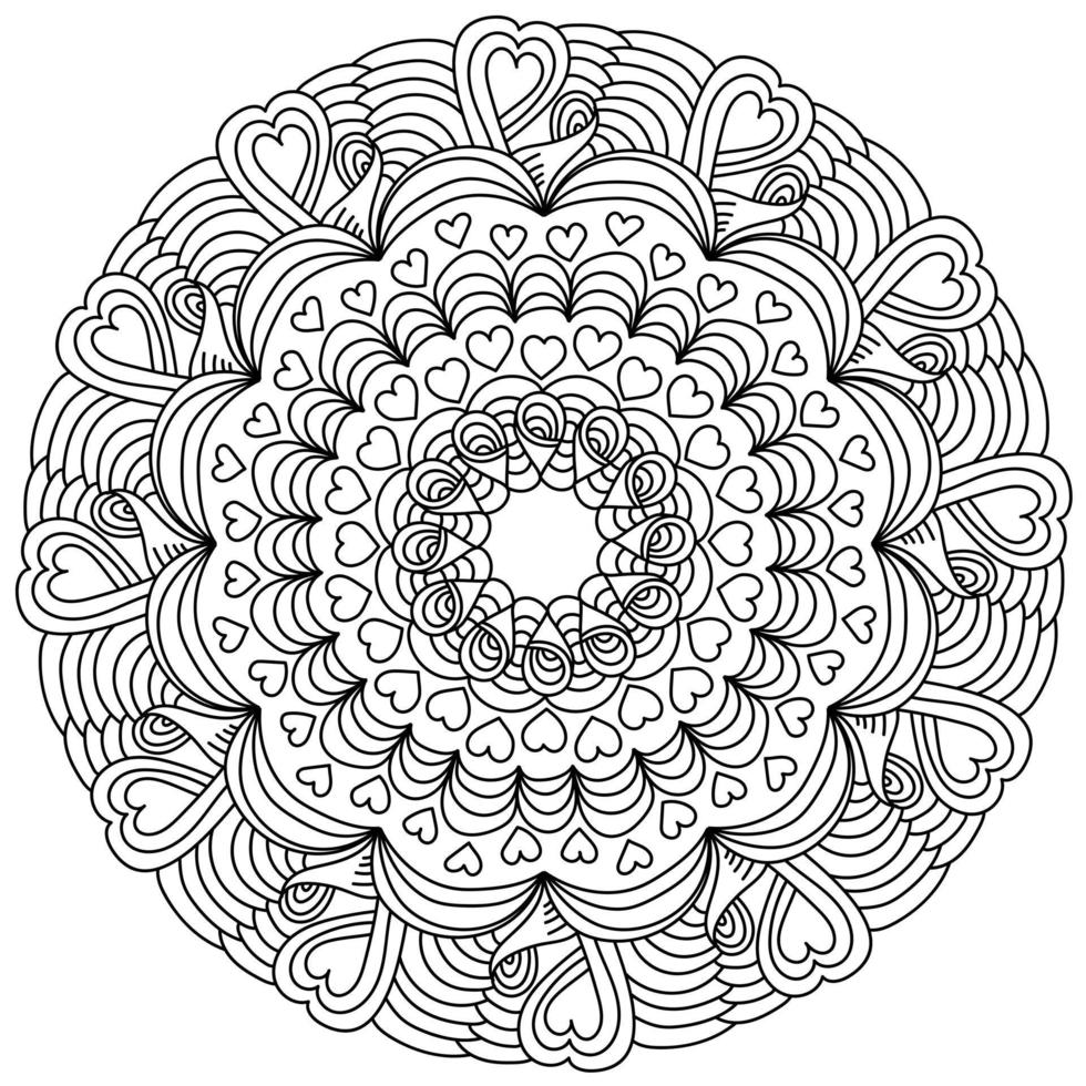 mandala simétrica con corazones y rizos, página para colorear antiestrés con patrones ornamentados para el día de san valentín vector