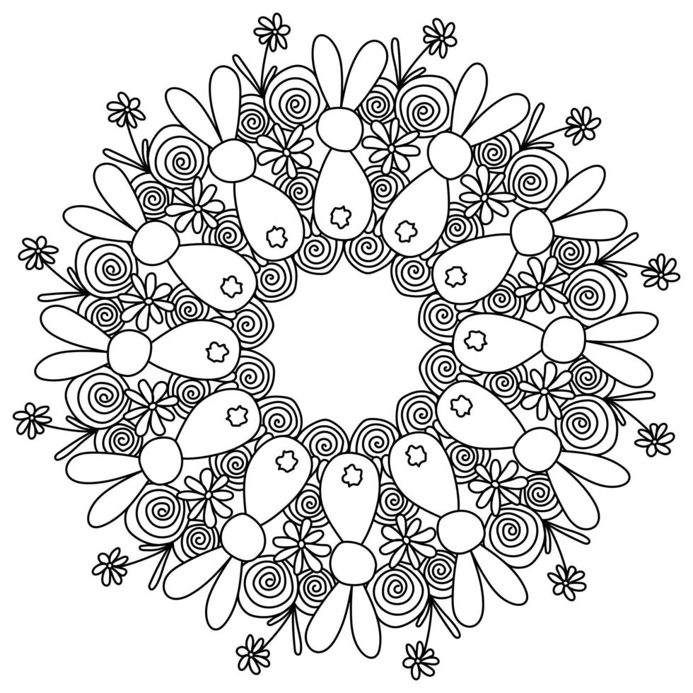 Curled mandala with spirals and silhouettes of bunnies, Easter coloring page in the form of a round frame with patterns vector