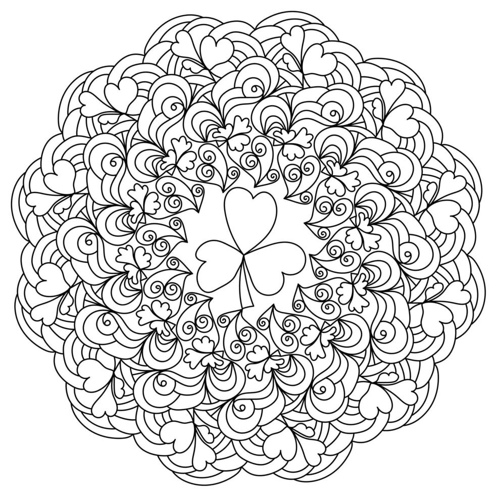 Contour mandala with clover coloring page with swirls for st patrick's day vector