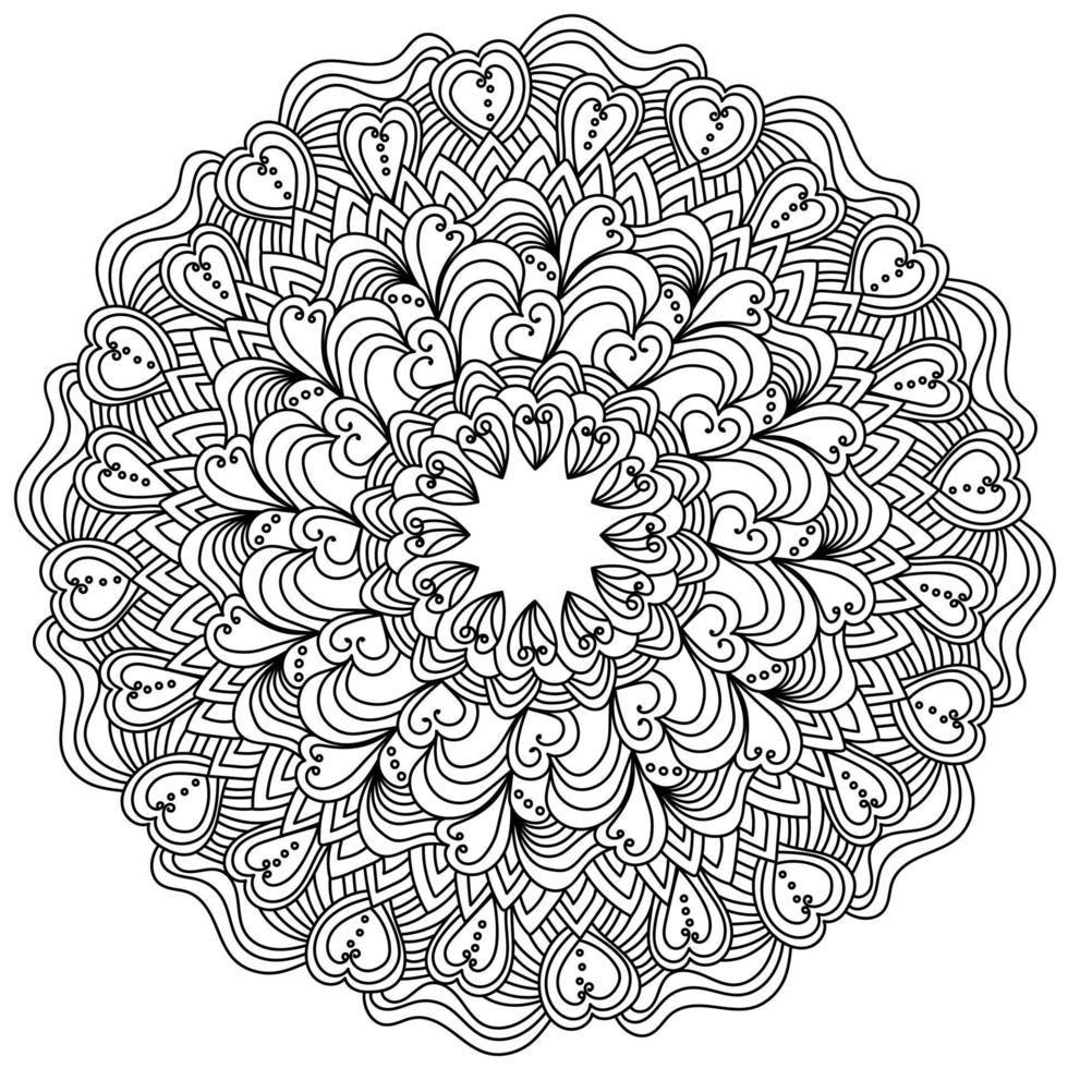 Ornate mandala with hearts for Valentine's day, Antistress coloring page in round frame shape with tangles vector