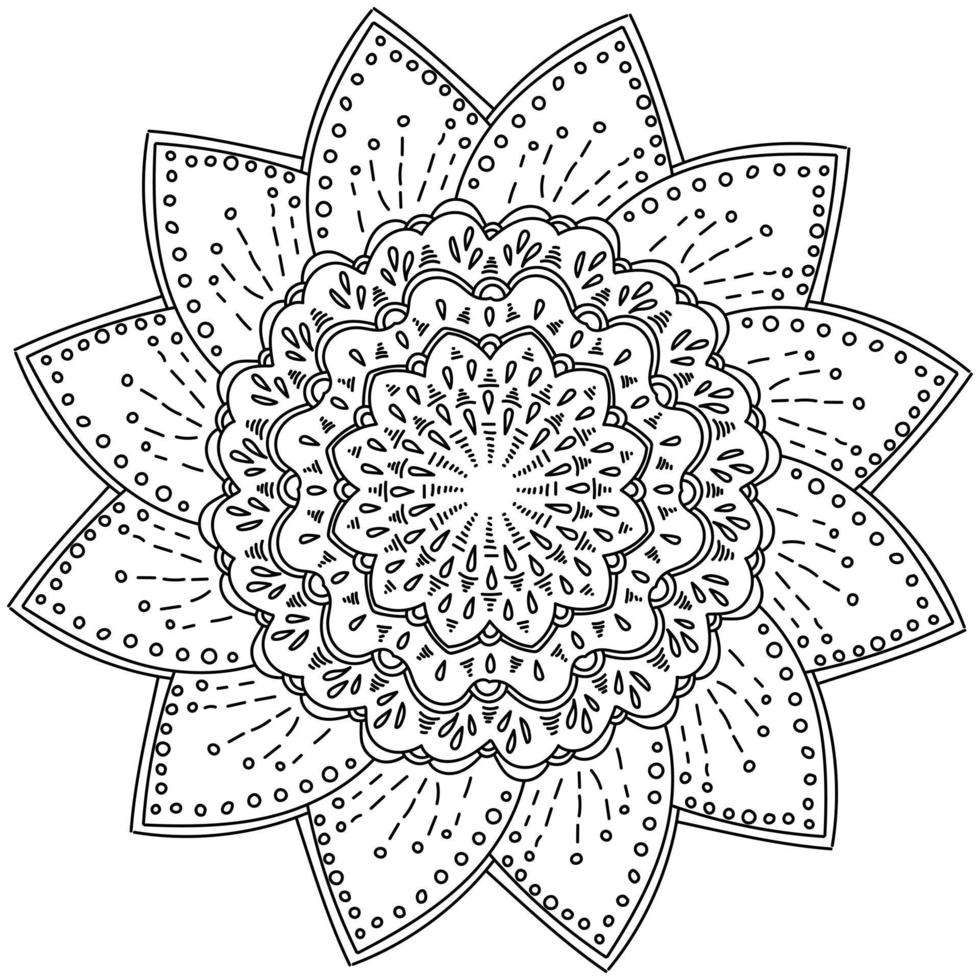 Mandala flower with double-layered core and shaded petals, anti stress coloring page for kids and adults vector