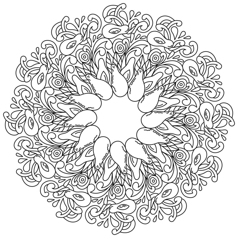 Mandala with avocado, whole and half with leaves, coloring page in the form of a round frame with curls and fruits vector