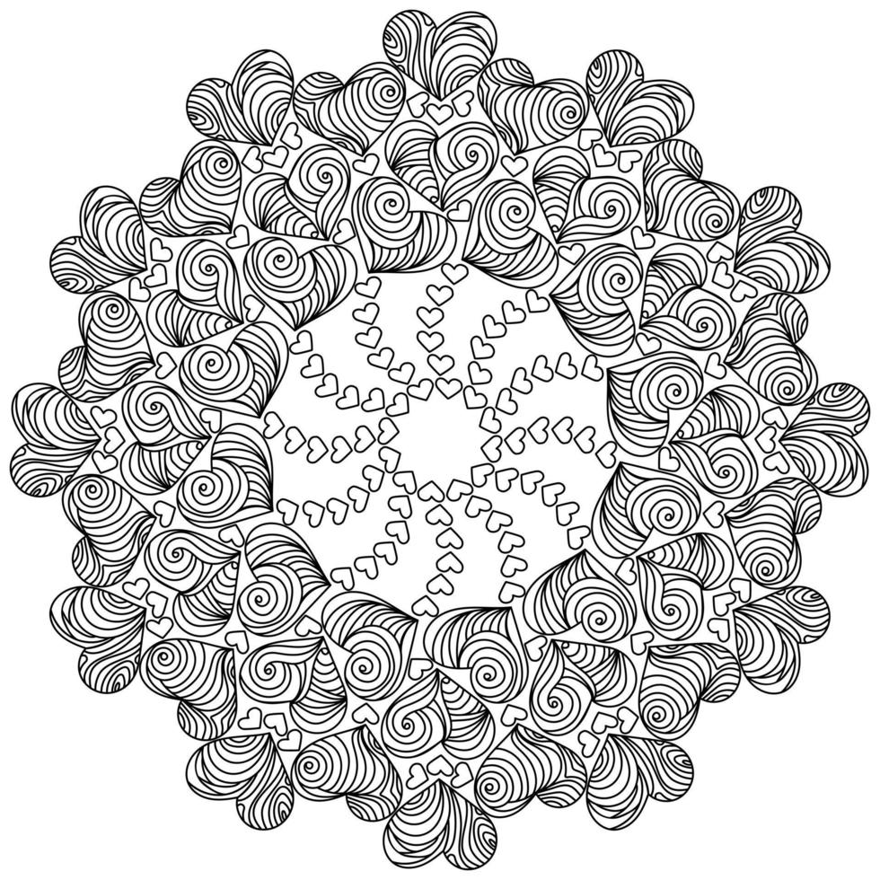 Symmetrical zen mandala with curled hearts, anti stress coloring page for Valentine's day vector