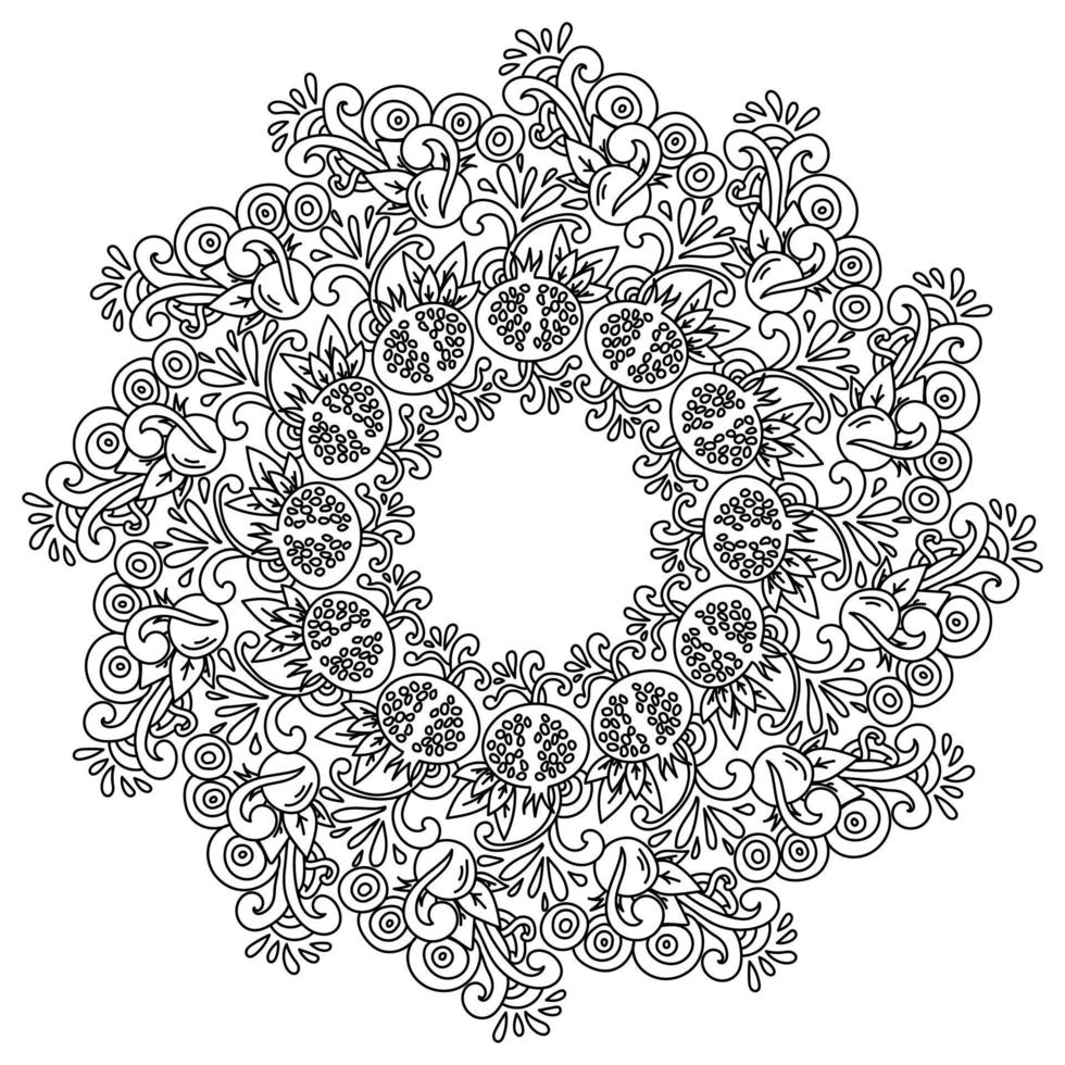 pomegranate fruit in mandala, intricate patterns with fruit elements, antistress coloring page with doodle curls vector