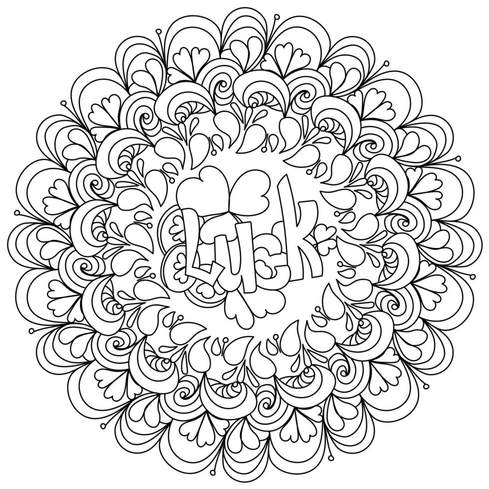 Contour mandala with the word Luck in the center, coloring page with symbols of St. Patrick's Day vector