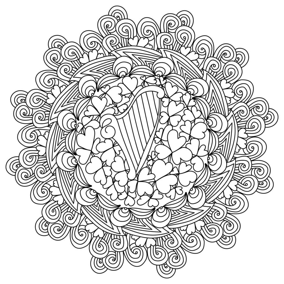 Ornate mandala with clover leaves and a harp in the center, St. Patrick's Day coloring page vector