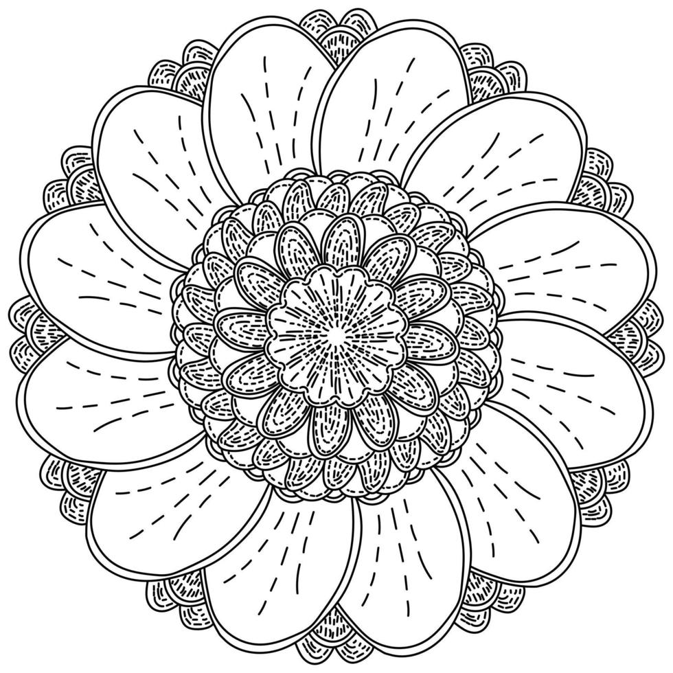 Mandala flower with rounded petals and shading, zen coloring page in the shape of a fantasy blooming vector