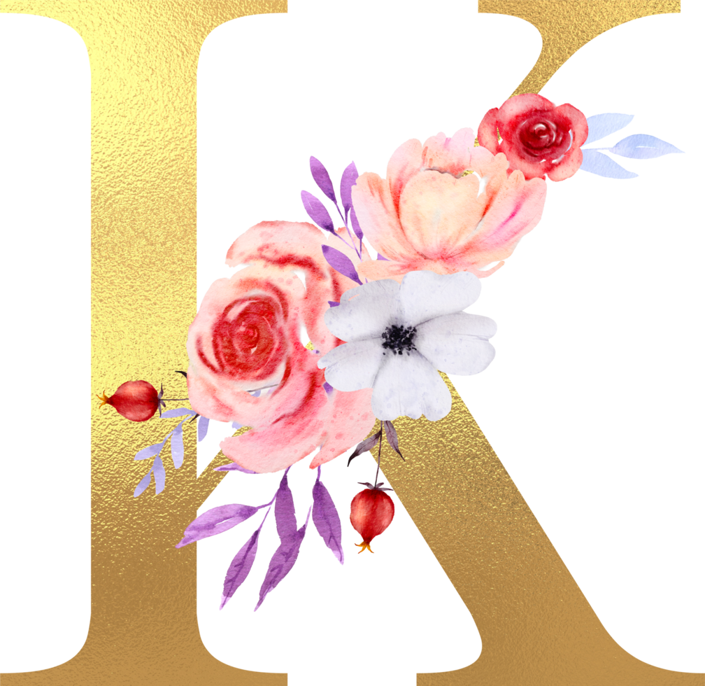 Watercolor Flowers with Gold Alphabet png