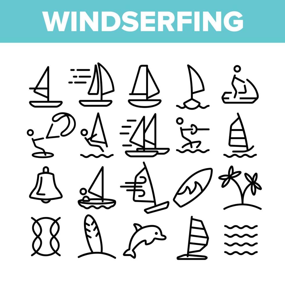 Water Skiing, Windsurfing Linear Vector Icons Set