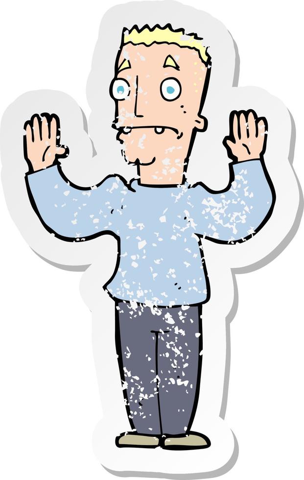 retro distressed sticker of a cartoon man surrendering vector