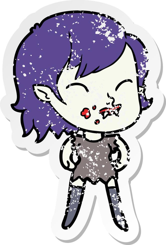 distressed sticker of a cartoon vampire girl with blood on cheek vector