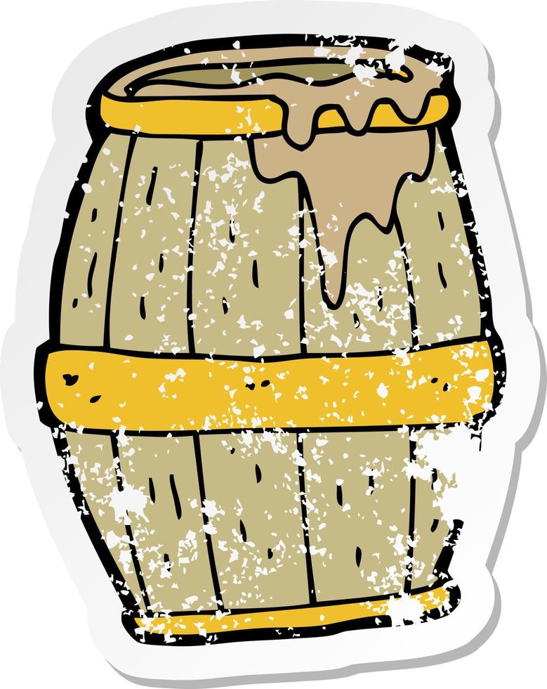 retro distressed sticker of a cartoon beer barrel vector