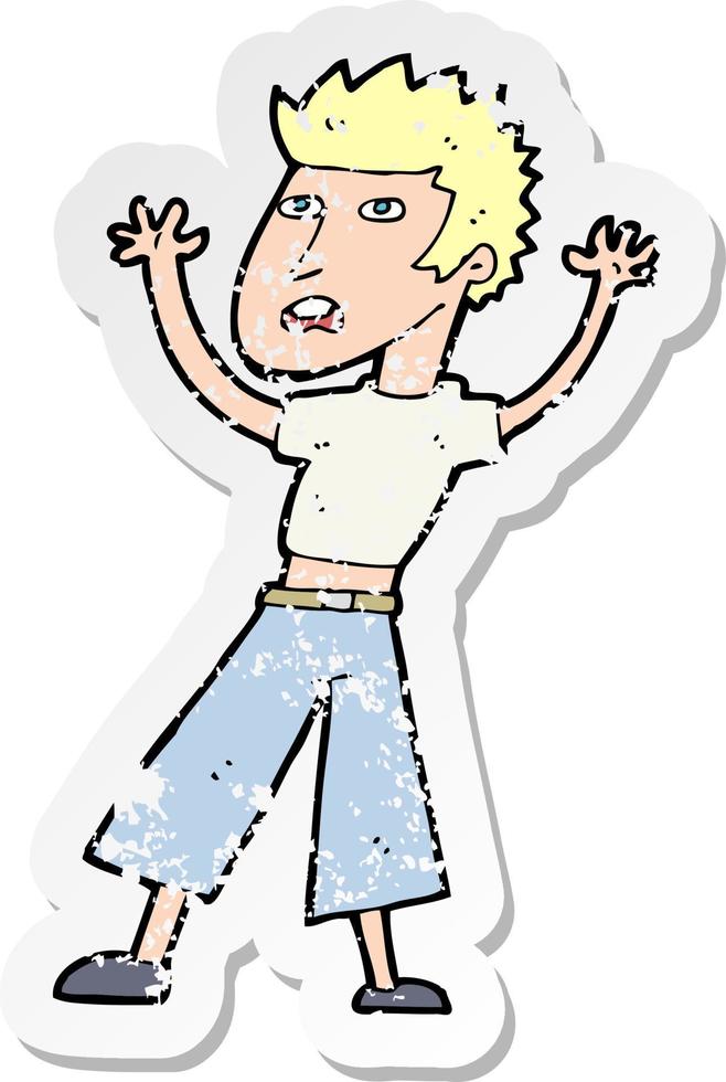 retro distressed sticker of a cartoon man panicking vector