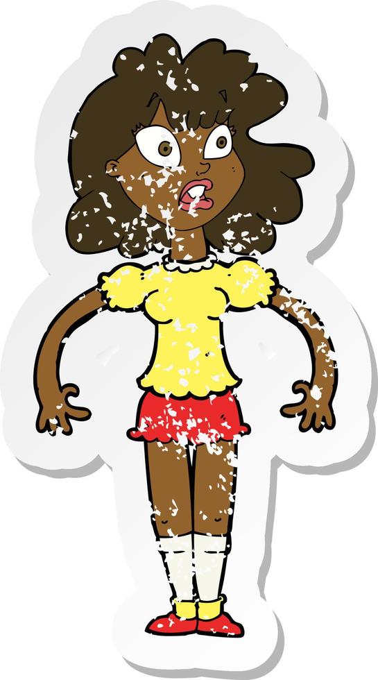 pegatina retro angustiada de una chica bonita de dibujos animados con expresión de asombro vector