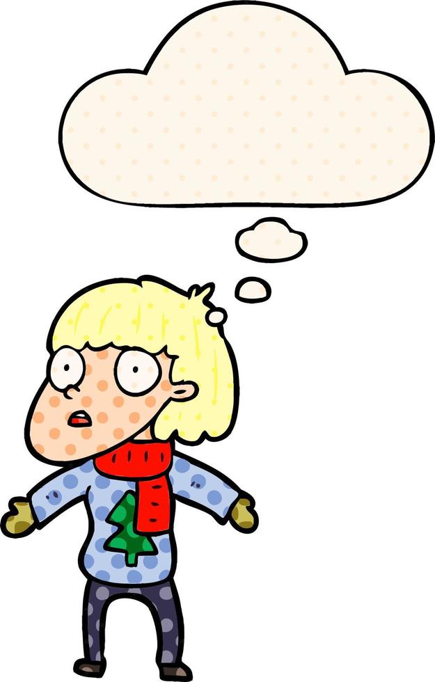 cartoon surprised christmas person and thought bubble in comic book style vector