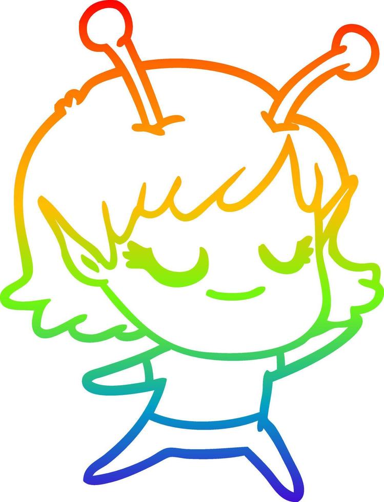 rainbow gradient line drawing smiling alien girl cartoon vector