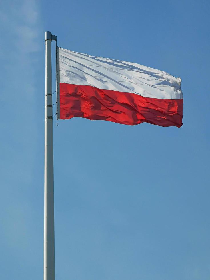 The state flag of Poland on a pole on a background of blue sky in the wind day photo