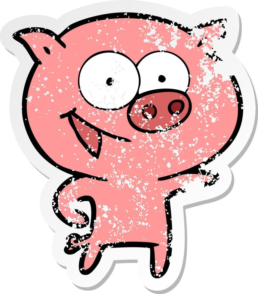 distressed sticker of a cheerful pig cartoon vector