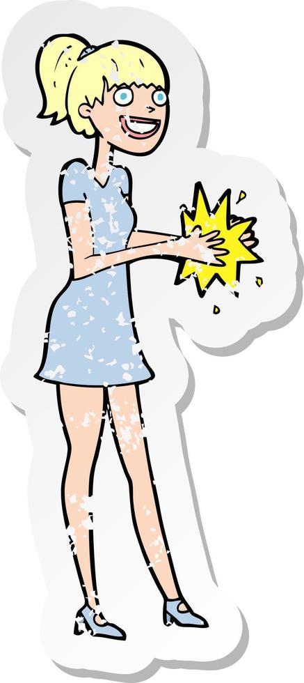 retro distressed sticker of a cartoon woman clapping hands vector