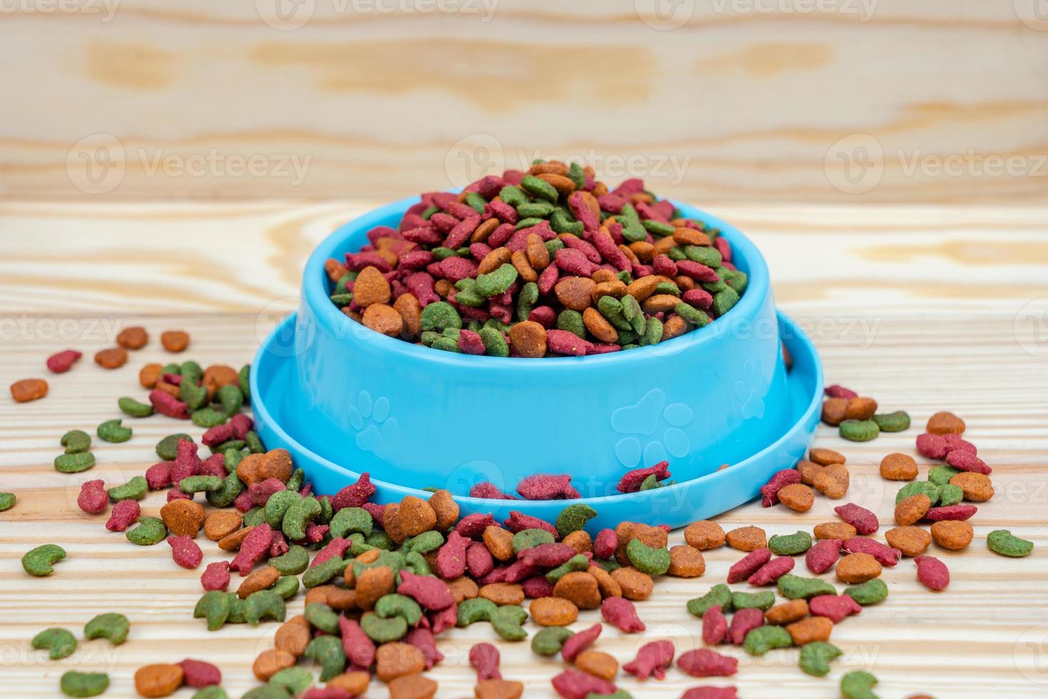 Pet food in bowl on wooden background photo