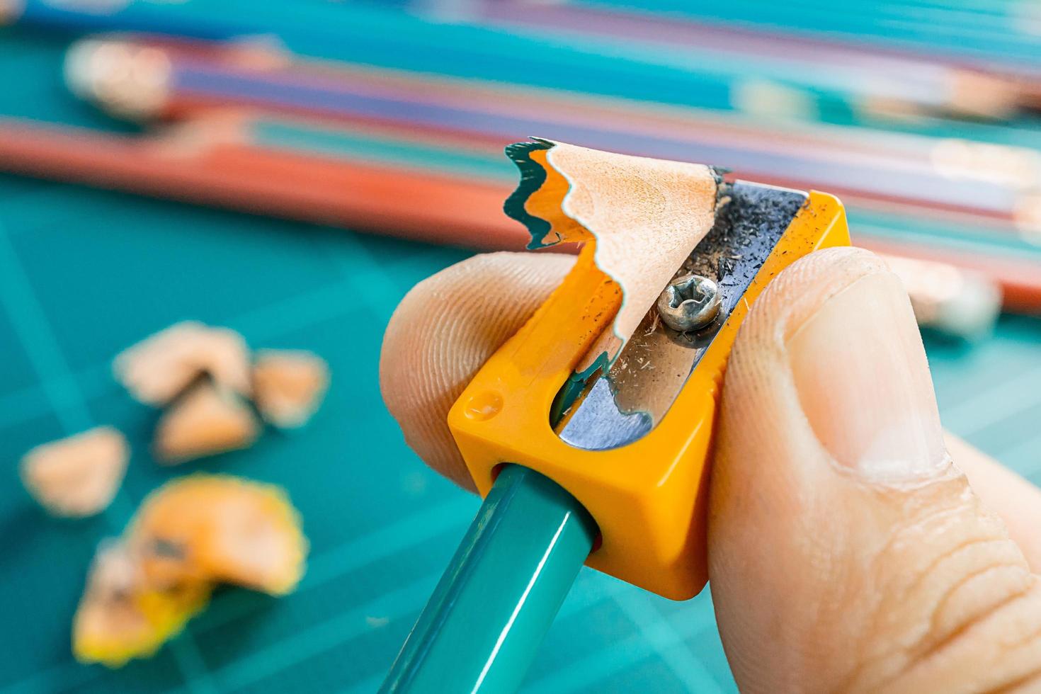 Sharpening pencil with sharpener, marco picture photo