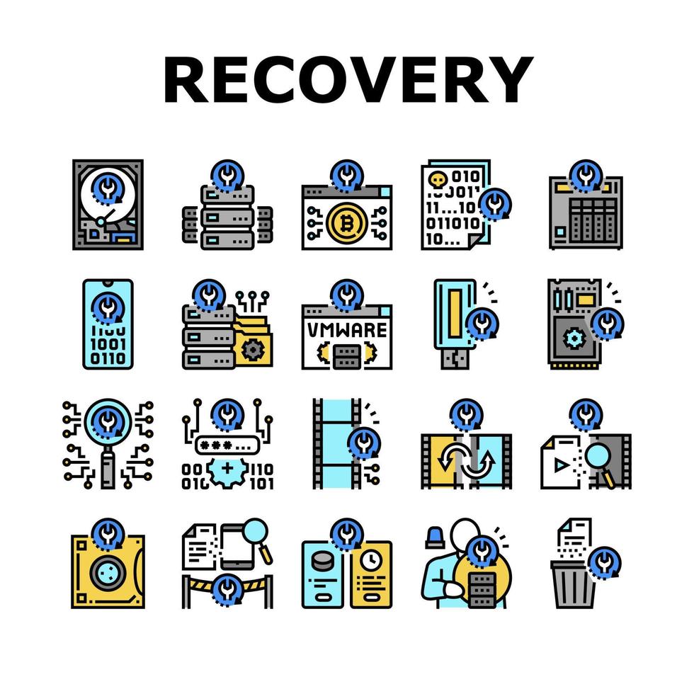 Data Recovery Computer Processing Icons Set Vector