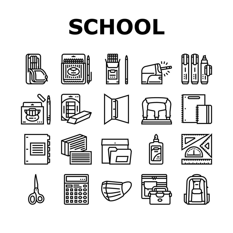 School Supplies Stationery Tools Icons Set Vector