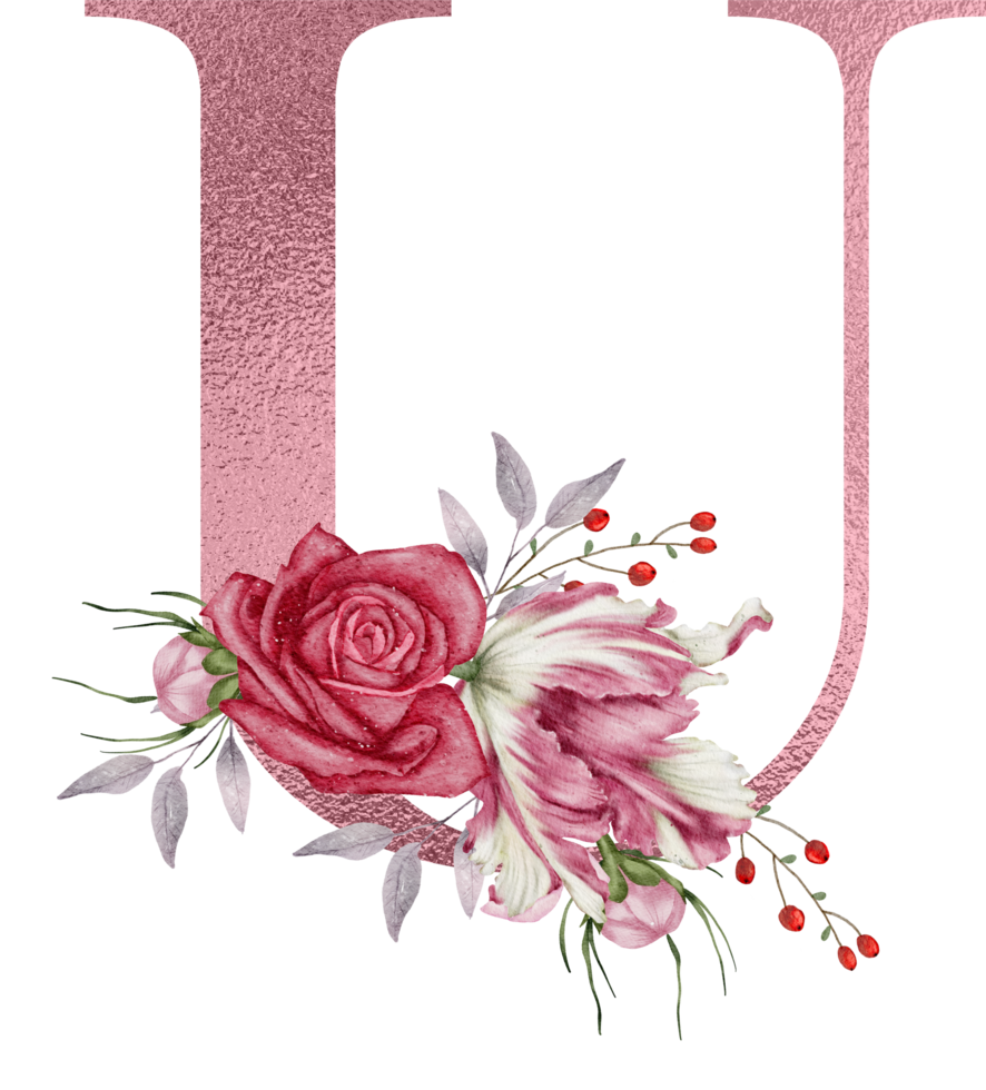 Watercolor Flowers with Rose Gold Alphabet png