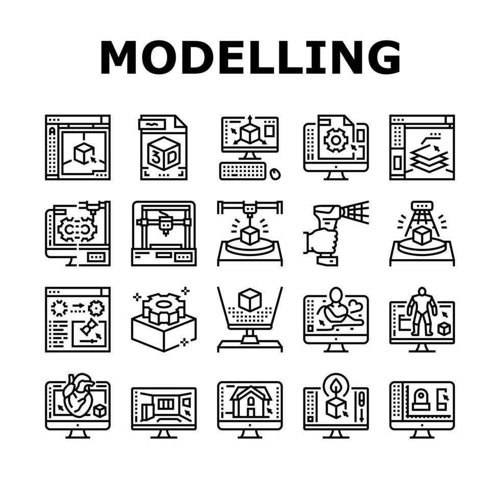 software de modelado 3d e iconos de dispositivos establecidos vector