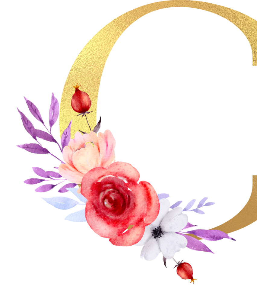 Watercolor Flowers with Gold Alphabet png