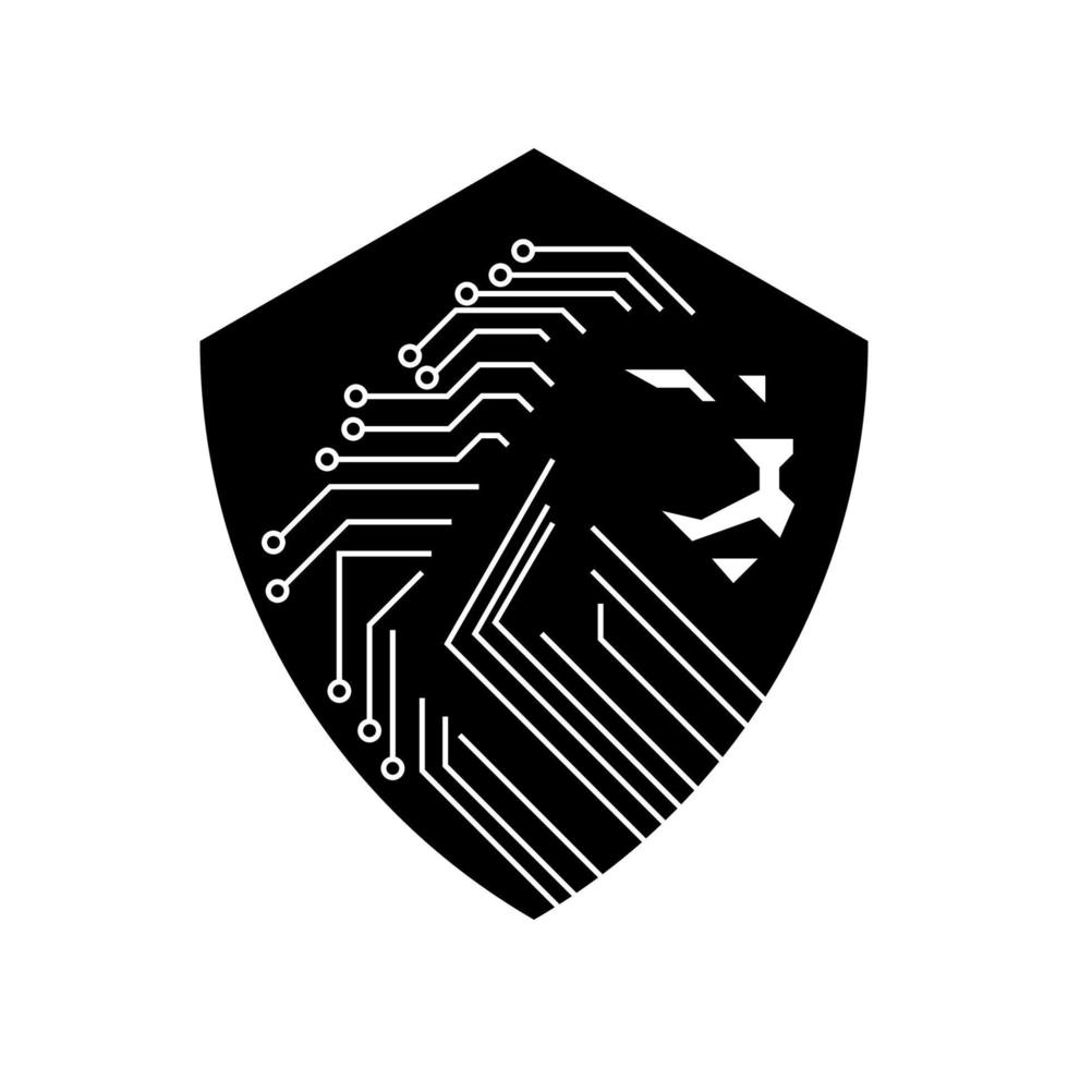 black and white lion head tech shield logo illustration template vector