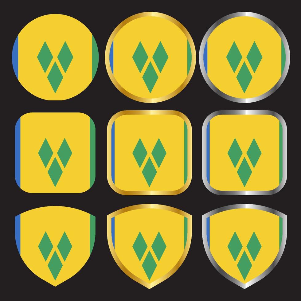 conjunto de iconos vectoriales de bandera de san vicente con borde dorado y plateado vector