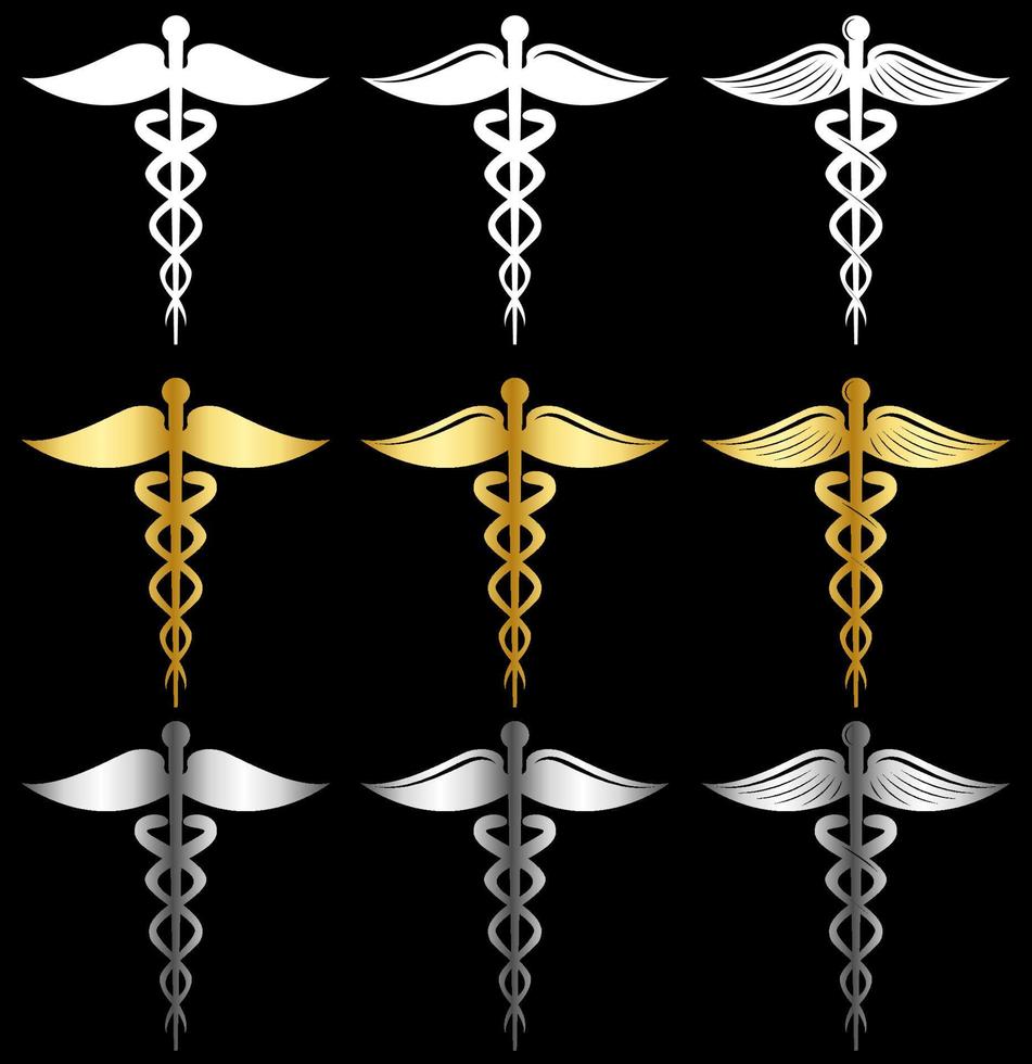 caduceo de oro blanco y plata como símbolo del conjunto de vectores de medicina