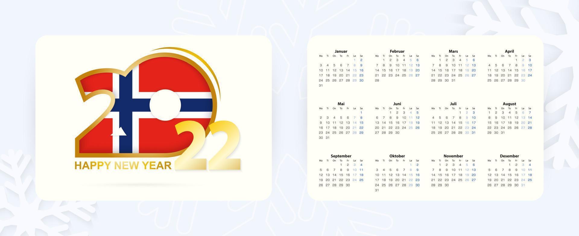 Horizontal Pocket Calendar 2022 in Norwegian language. Month of the year in Norway language. vector