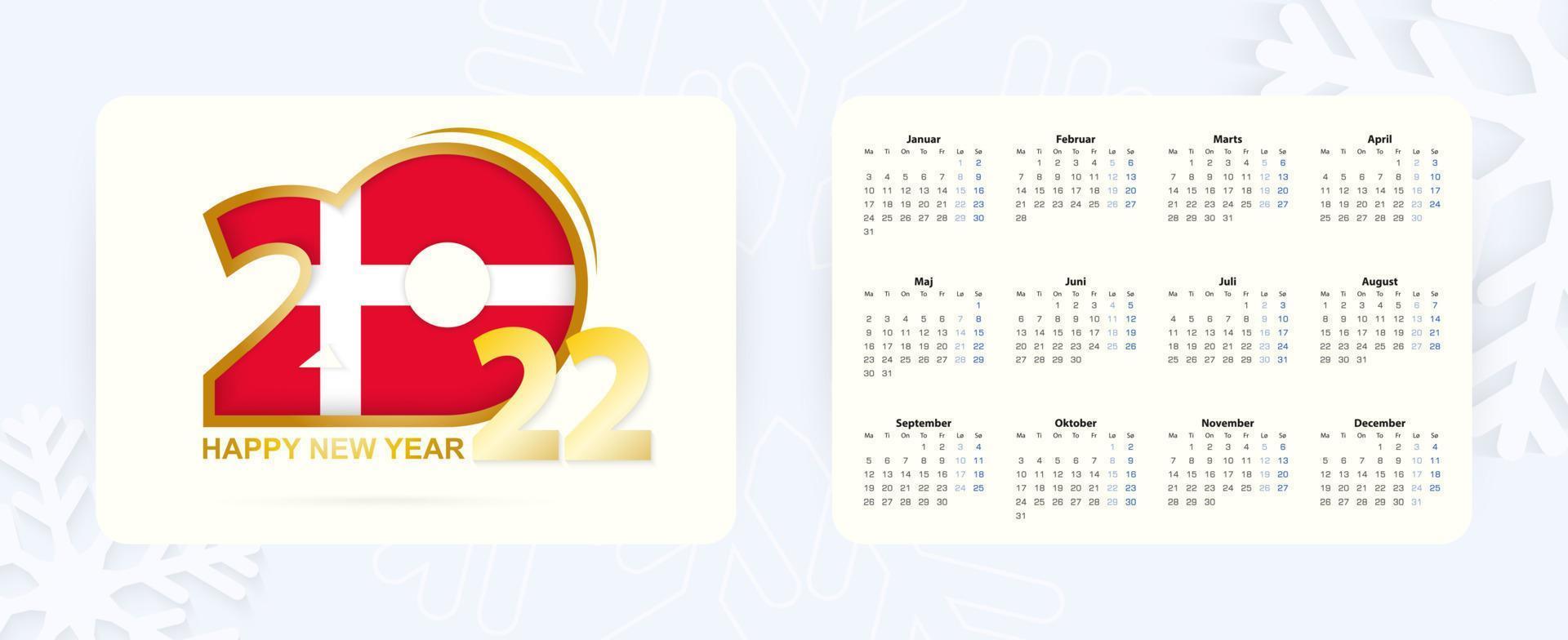 Horizontal Pocket Calendar 2022 in Danish language. Month of the year in Danish language. vector
