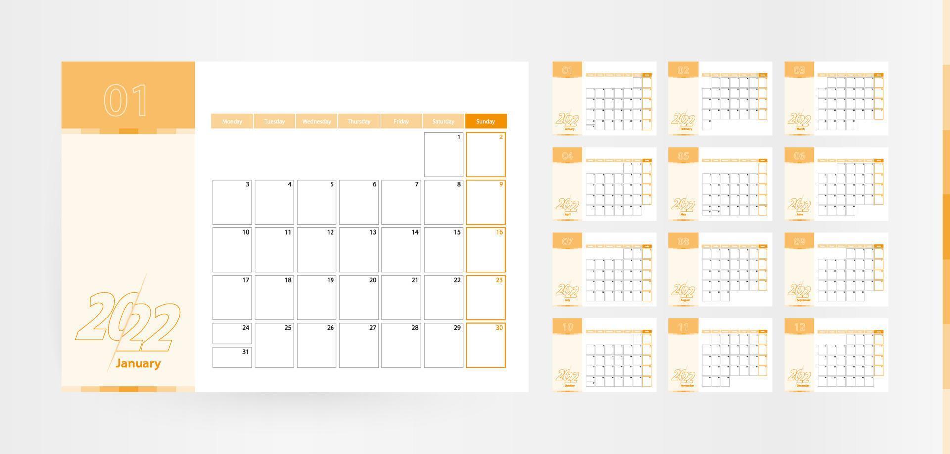 Horizontal planner for the year 2022 in the orange color scheme. vector