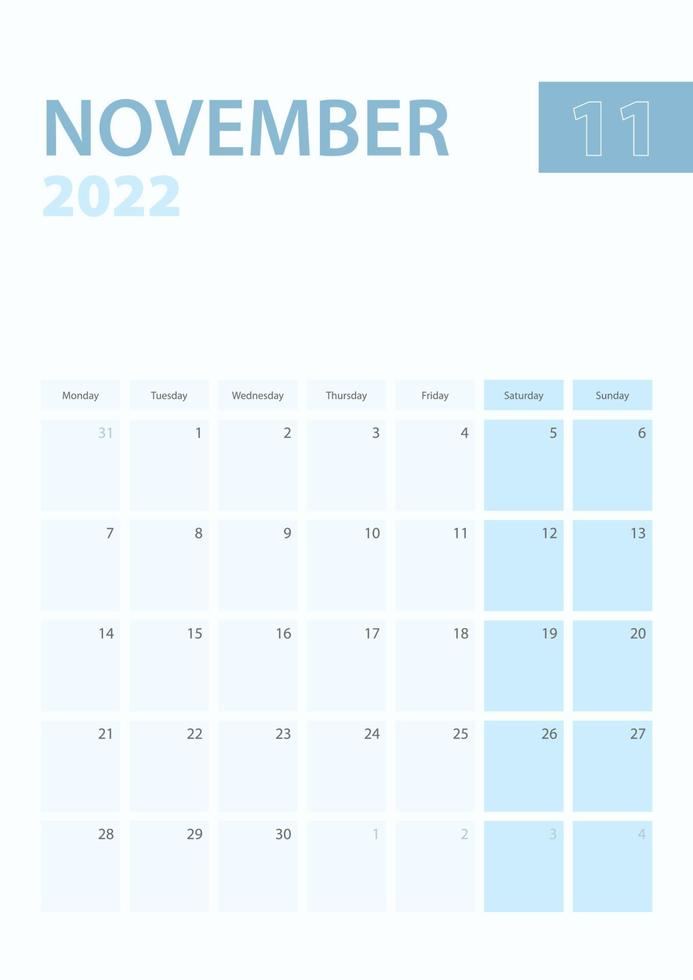 página de calendario vertical de noviembre de 2022, la semana comienza el lunes. vector