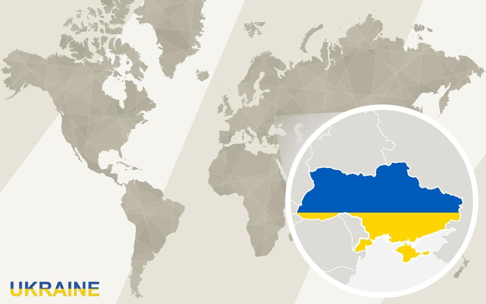 Zoom en el mapa y la bandera de Ucrania. mapa del mundo. vector