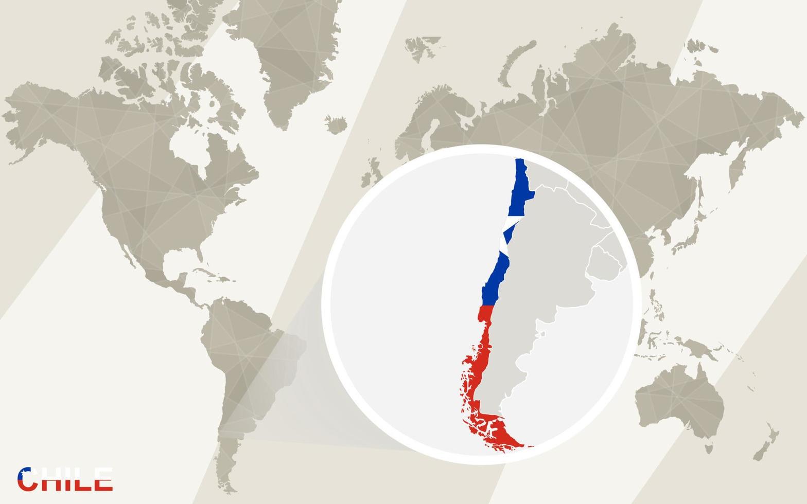 zoom en el mapa y la bandera de chile. mapa del mundo. vector