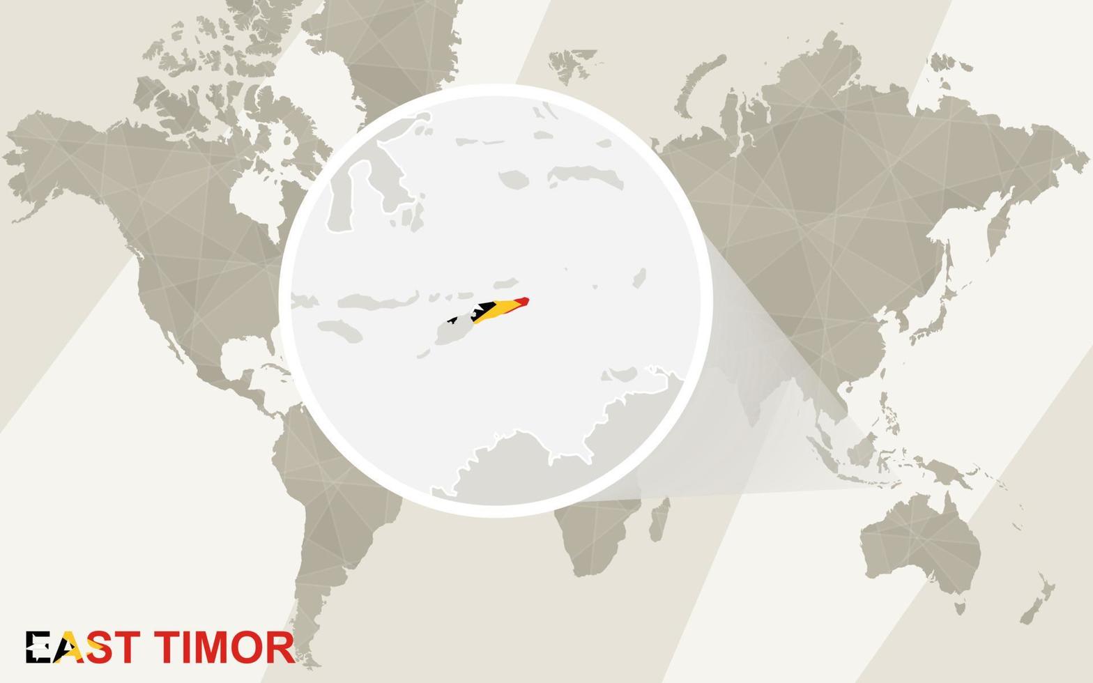 Zoom en el mapa y la bandera de Timor Oriental. mapa del mundo. vector