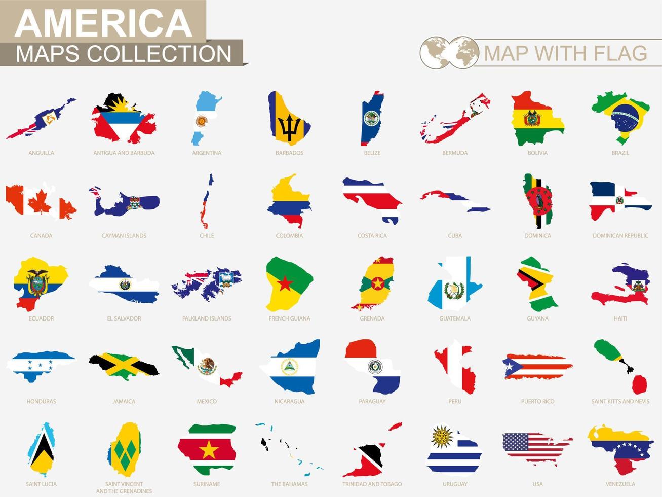 Map with flag American countries collection. vector