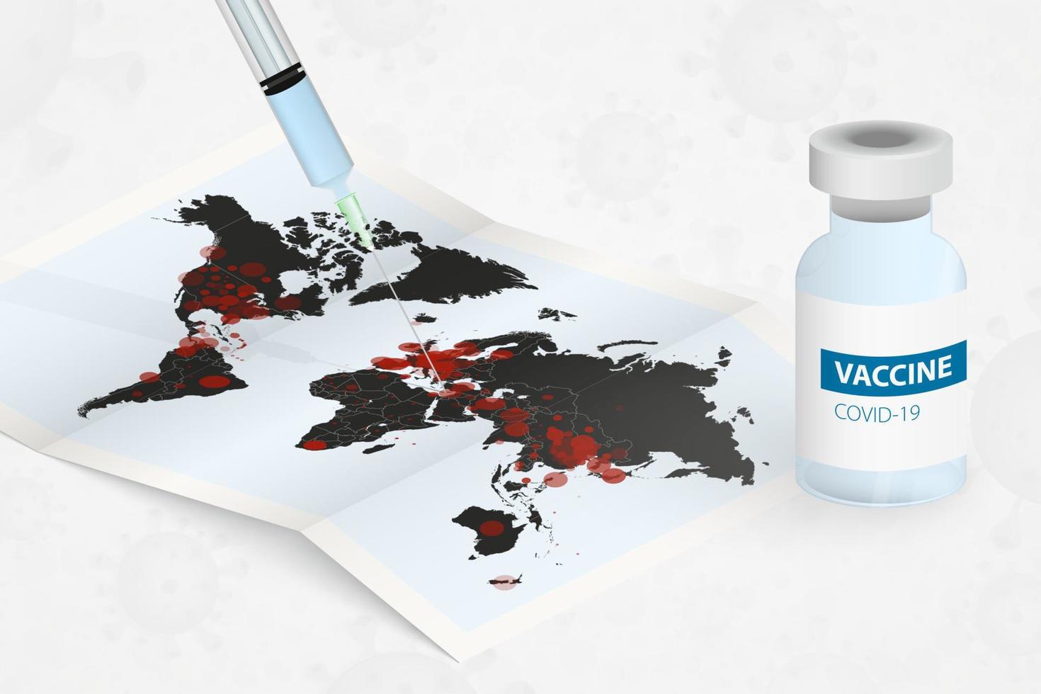 inyectando una jeringa con una vacuna covid-19 en un mapa mundial infectado. lucha contra el coronavirus. vector