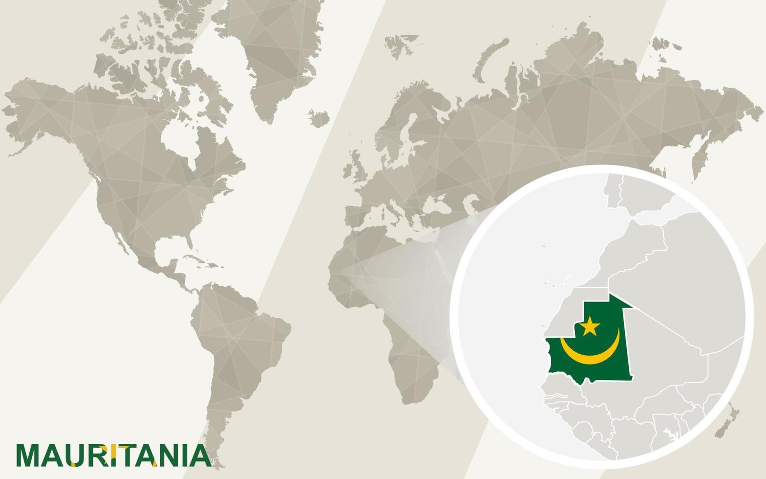 zoom en el mapa y la bandera de mauritania. mapa del mundo. vector